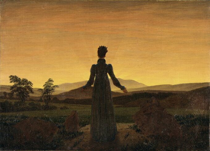 Femme devant le coucher de soleil - Caspar David Friedrich - Reproductions de tableaux et peintures haut de gamme