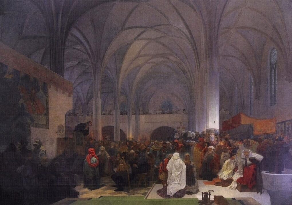 Maître Jan Hus prêchant à la chapelle de Bethléem - Mucha - Reproductions de tableaux et peintures haut de gamme