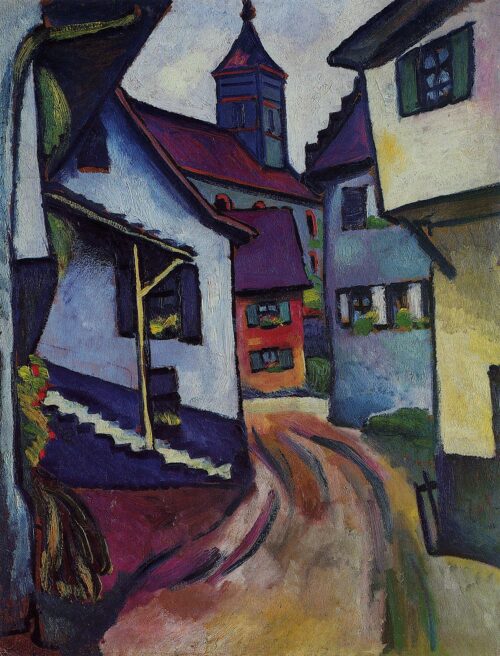 Rue avec église à Kandern - August Macke - Reproductions de tableaux et peintures haut de gamme