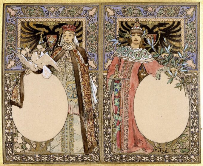 Illustration de livre avec des femmes en costume traditionnel - Mucha - Reproductions de tableaux et peintures haut de gamme