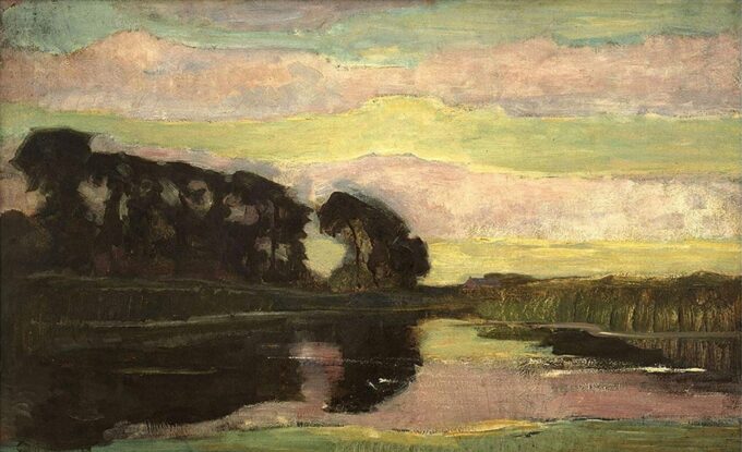 Landscape of river with pink and yellow sky - Mondrian