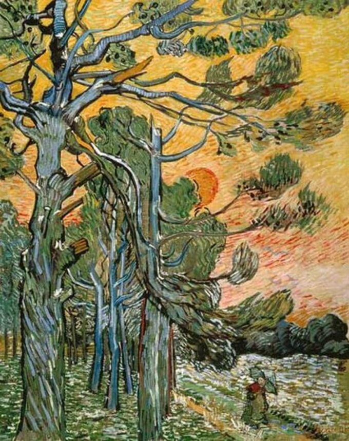 Pines under the setting sun and the female character - Van Gogh