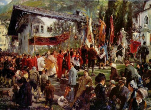 Procession du Corpus Christi à Hofgastein - Adolph von Menzel - Reproductions de tableaux et peintures haut de gamme