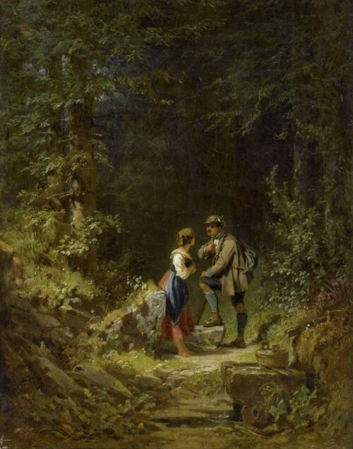 Rencontre dans la forêt (chasseur et laitière au puits de la forêt) - Carl Spitzweg - Reproductions de tableaux et peintures haut de gamme