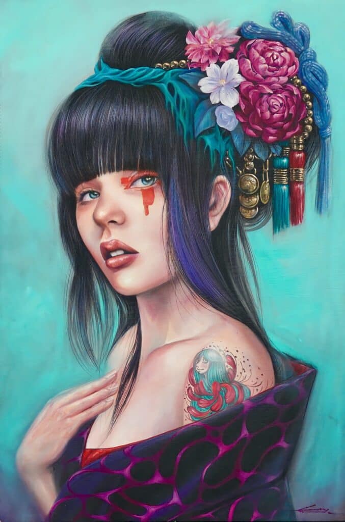 Girl with a floral bun - 60 X 90 cm