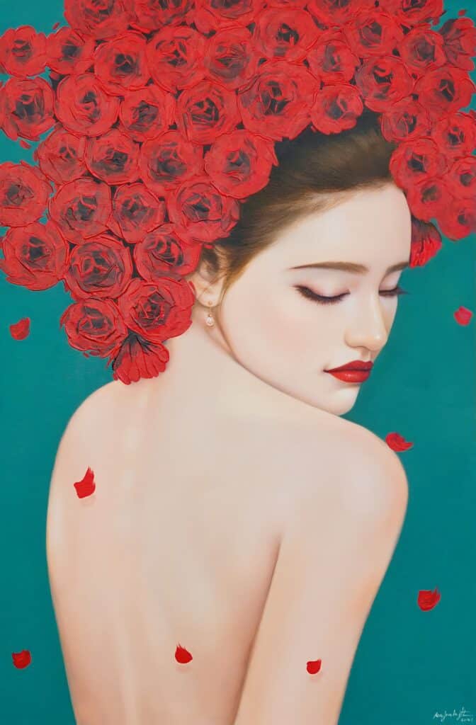 Fragile woman with roses - 60 X 90 cm