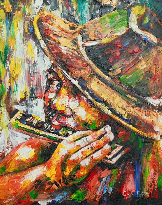 Man playing the harmonica - 40 X 50 cm