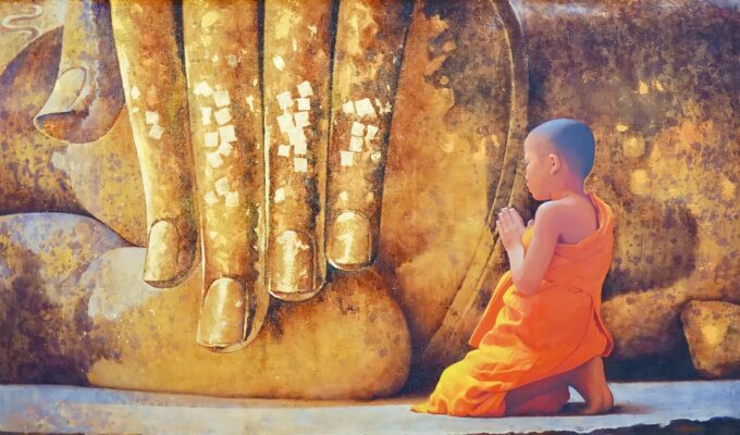 L'enfant moine et le bouddha d'or - 170 x 100 cm - Reproductions de tableaux et peintures haut de gamme