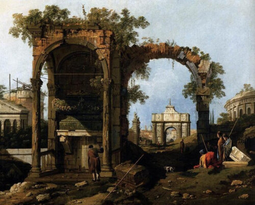 Capriccio avec ruines et bâtiments classiques, vers 1760 (huile sur toile) - Giovanni Antonio Canal - Reproductions de tableaux et peintures haut de gamme