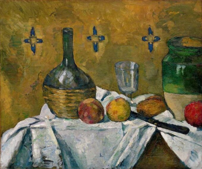 Still Life with a Flask and a Glass Bottle - Paul Cézanne. High-quality oil painting reproduction for sale