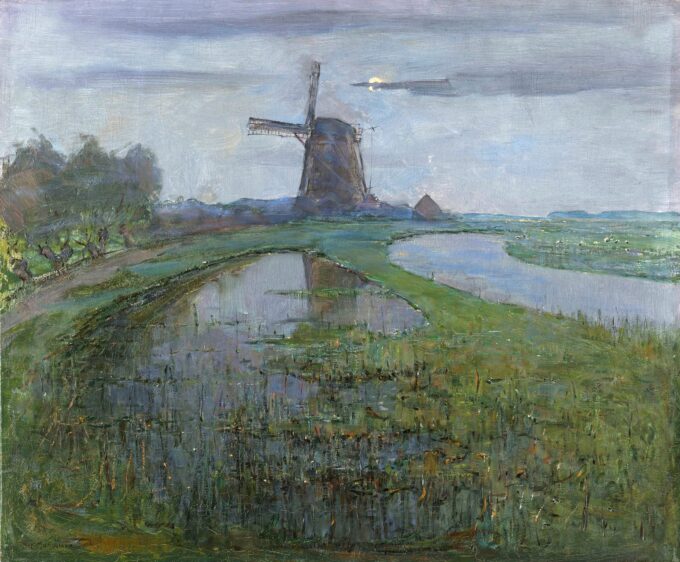 Moulin de l’est le long de la rivière gein au clair de lune – Mondrian" Oil Painting Reproduction: Stunning Moonlit Landscape by Mondrian