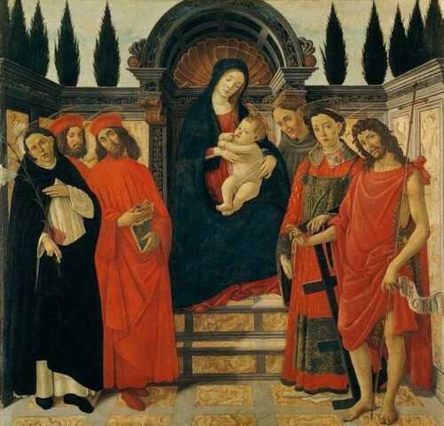 La Vierge à l'Enfant avec saint Jean Baptiste, saint Damien et saint Cosme - Sandro Botticelli - Reproductions de tableaux et peintures haut de gamme