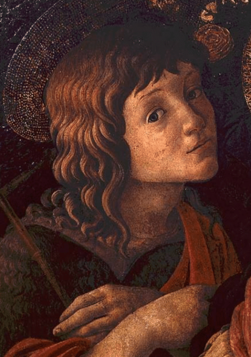 Vierge à l'Enfant avec Saint Jean Baptiste, détail du jeune saint - Sandro Botticelli - Reproductions de tableaux et peintures haut de gamme