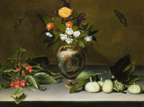 Vase avec des fleurs, cerises, figues et deux papillons - Caravage - Reproductions de tableaux et peintures haut de gamme