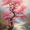 Tableau arbre cerisier japonais et rivière - Reproductions de tableaux et peintures haut de gamme