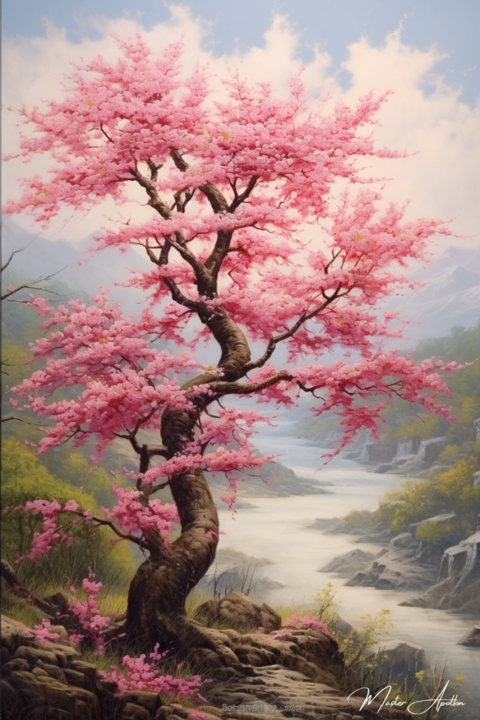 Japanese cherry tree and river tableau