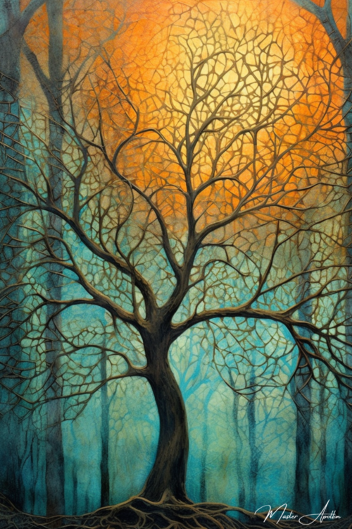 Tableau arbre contemporain bleu orange - Reproductions de tableaux et peintures haut de gamme