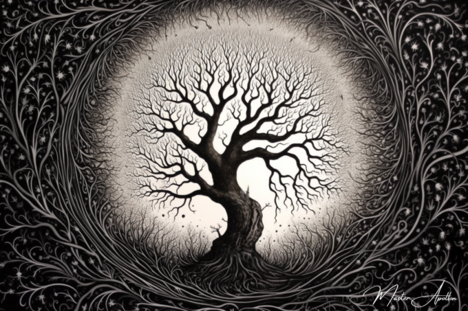 Black and white tree of life tableau