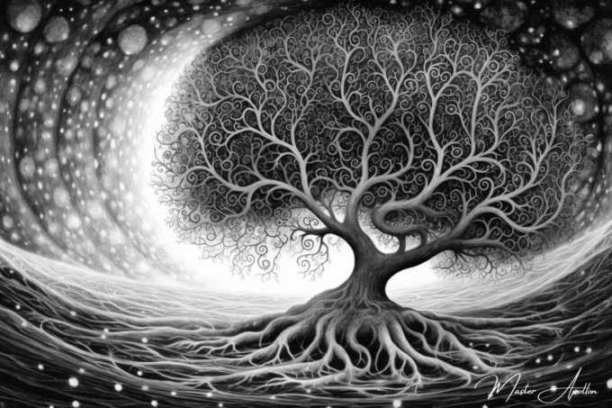 Black and white tree of life universe tableau