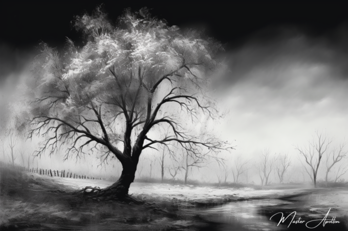 Black and white tree tableau in the meadow