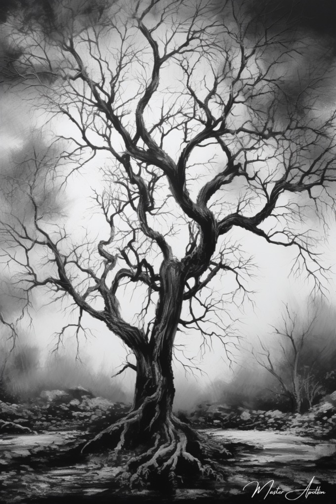 Black and white tree tableau without leaves