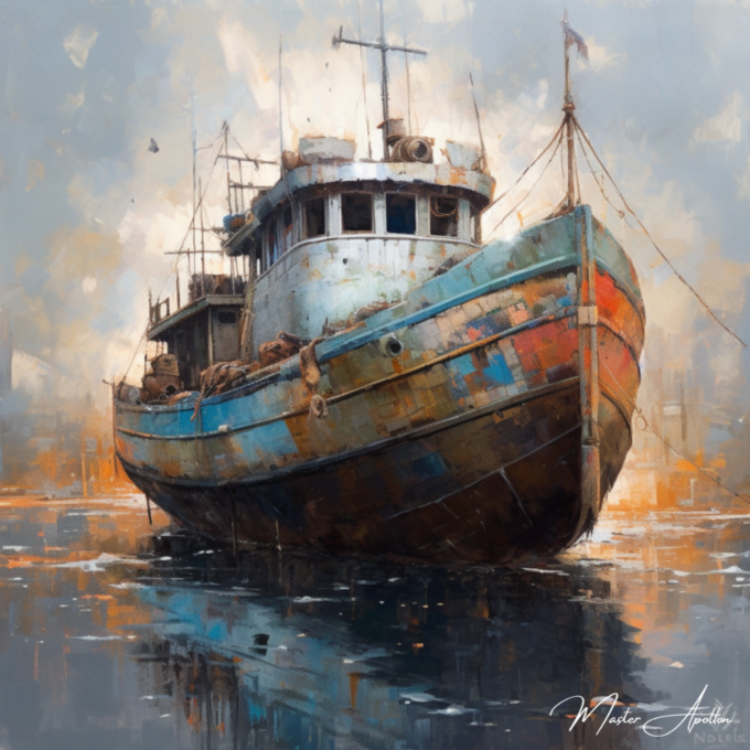 Contemporary fishing boat art tableau 2