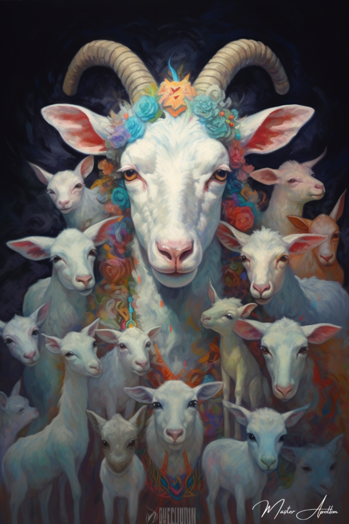 Contemporary painting of a family of goats