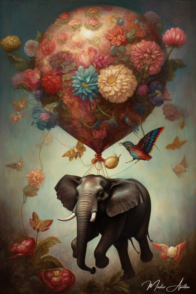 Contemporary painting of flying elephant animals