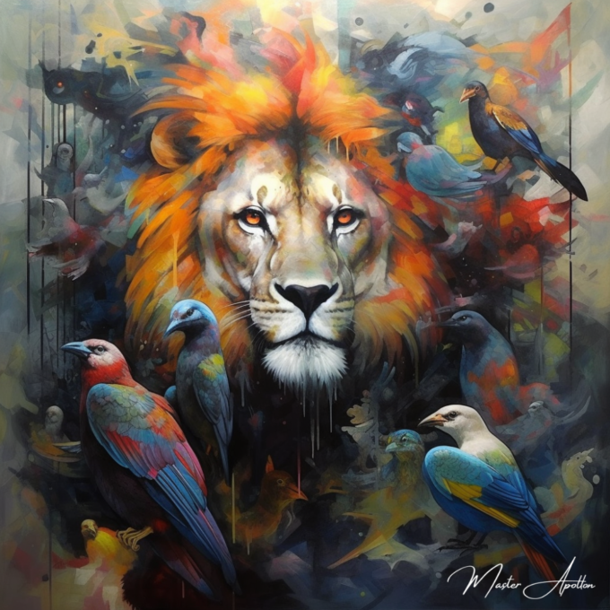 Contemporary painting of animals lion and bird