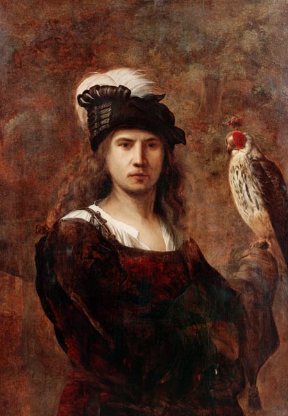 A falconer, standing half-length, with a feathered hat - Rembrandt van Rijn