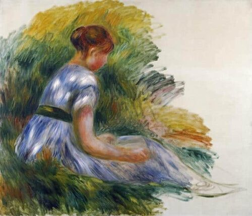 Alice Gamby dans le jardin, jeune fille assise dans l'herbe - Pierre-Auguste Renoir - Reproductions de tableaux et peintures haut de gamme