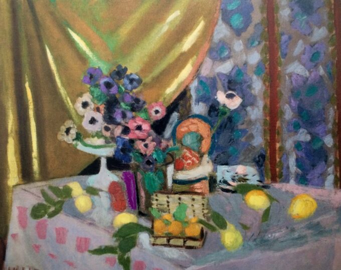 Still Life Pink Tablecloth Vase of Anemones Lemons and Pineapples – Matisse Reproduction Oil Painting