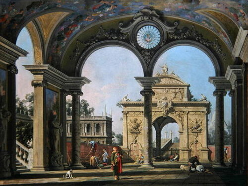 Capriccio d'un arc de triomphe vu à travers une voûte ornée, vers 1750 - Giovanni Antonio Canal - Reproductions de tableaux et peintures haut de gamme