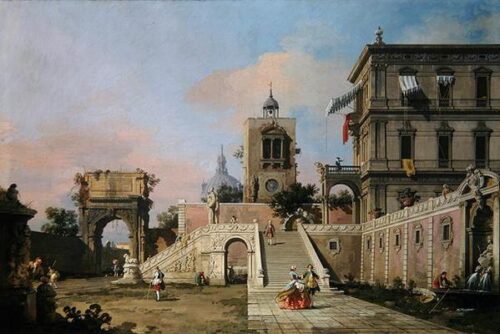 Capriccio de deux volées de marches menant à un palazzo, vers 1750 (huile sur toile) - Giovanni Antonio Canal - Reproductions de tableaux et peintures haut de gamme