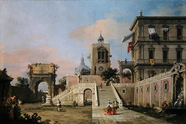 Capriccio of two flights of stairs leading to a palazzo, circa 1750 (oil on canvas) - Giovanni Antonio Canal