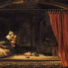 La Sainte Famille avec un rideau - Rembrandt van Rijn - Reproductions de tableaux et peintures haut de gamme