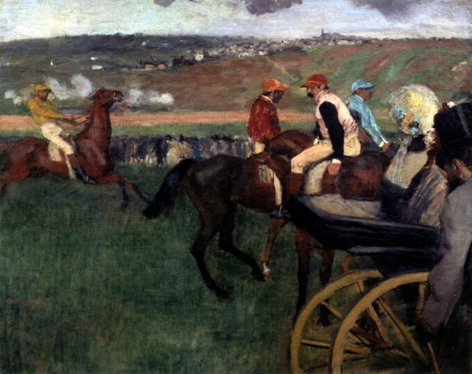 The Racecourse - Amateur Jockeys near a Car - Edgar Degas