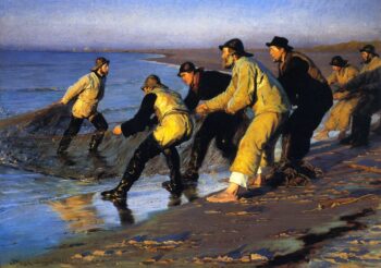 Pêcheurs tirant le filet sur la plage nord de Skagen - Peder Severin Kroyer - Reproductions de tableaux et peintures haut de gamme