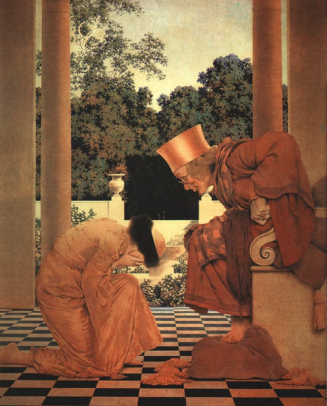 Lady Ursula on her knees before Pompdebile (excerpt from The Knave of Hearts) - Maxfield Parrish