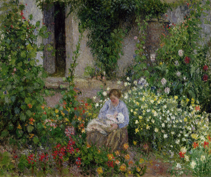 Mother and Child in the Flowers – Camille Pissarro Oil Painting Reproduction