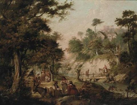 UN PAYSAGE BOISÉ AVEC DES GITANS À L'EXTÉRIEUR D'UNE TENTE, DES PERSONNAGES SUR UN PONT EN BOIS, ET UNE MAISON AU-DELÀ - Nicolas Bernard Lépicié - Reproductions de tableaux et peintures haut de gamme