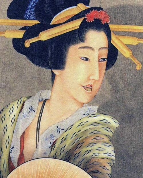 hokusai portrait d'une femme tenant un éventail - Katsushika Hokusai - Reproductions de tableaux et peintures haut de gamme