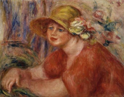 Portrait d'une femme avec un chapeau décoré de fleurs - Pierre-Auguste Renoir - Reproductions de tableaux et peintures haut de gamme