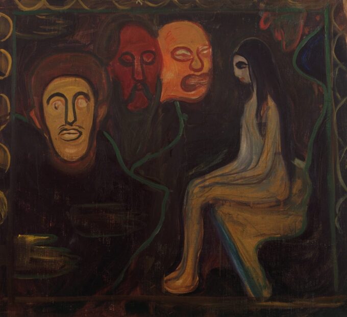 Fille et trois têtes d'hommes - Edvard Munch - Reproductions de tableaux et peintures haut de gamme