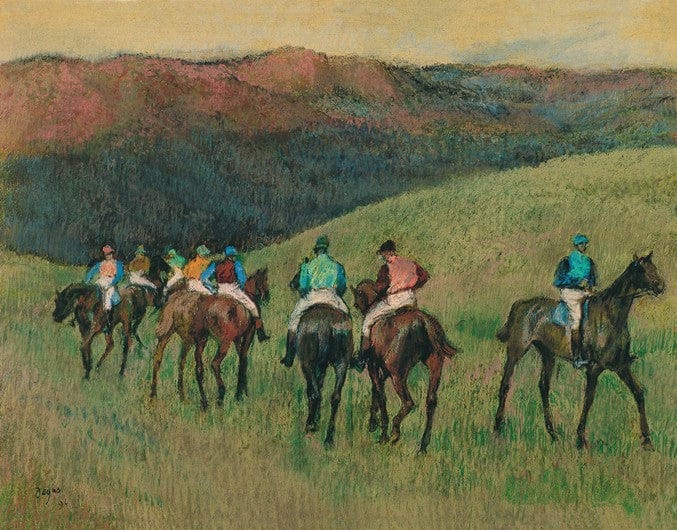 Racehorses in a landscape - Edgar Degas