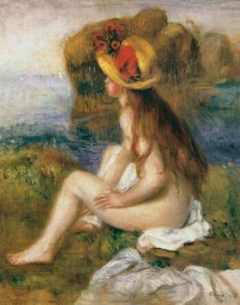 Baigneuse assise avec un chapeau de paille - Pierre-Auguste Renoir - Reproductions de tableaux et peintures haut de gamme