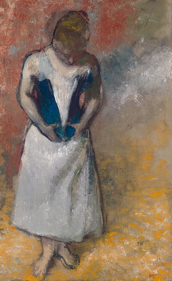 Woman standing facing forward, tightening her corset - Edgar Degas