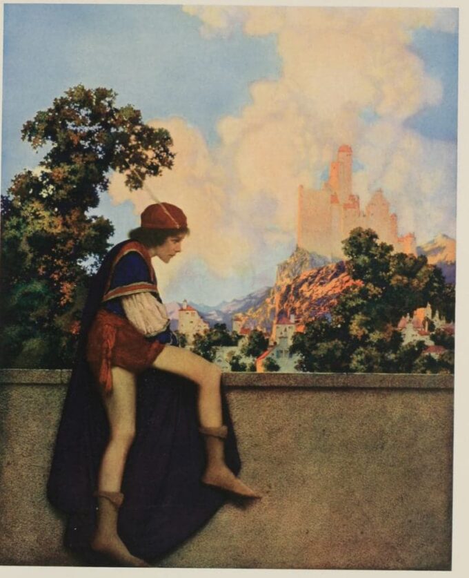 The Knave of Hearts watches Lady Violetta depart - Maxfield Parrish