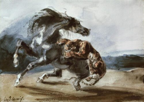 Tigre attaquant un cheval sauvage - Eugène Delacroix - Reproductions de tableaux et peintures haut de gamme