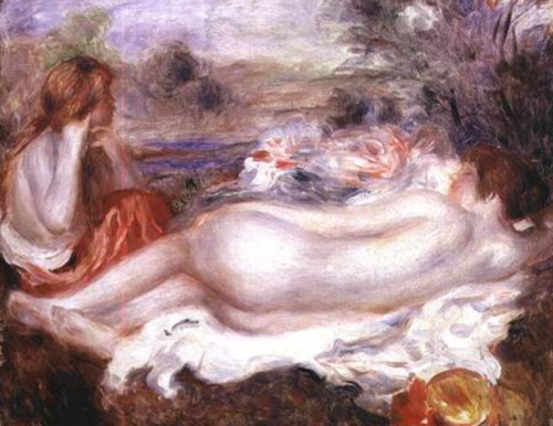 Baigneur allongé et une jeune fille qui se coiffe - Pierre-Auguste Renoir - Reproductions de tableaux et peintures haut de gamme